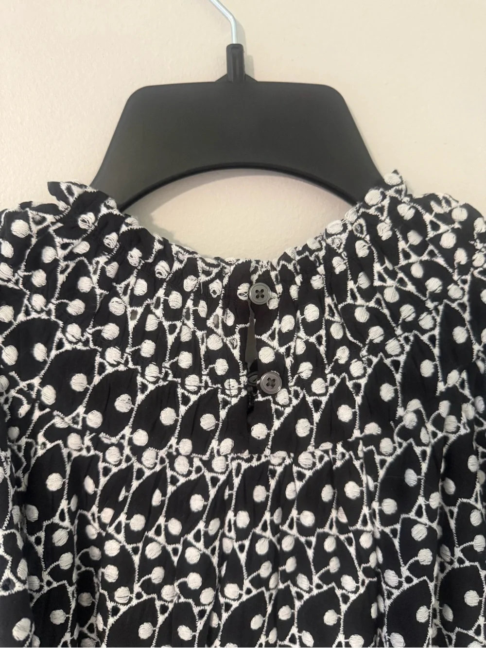 LOFT Black White Embroidery Eyelet Smocked Midi Dress flutter sleeve petite XS